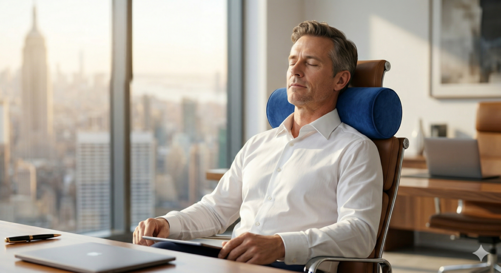 Executive using a navy blue memory foam lumbar pillow for back support in a modern office.
