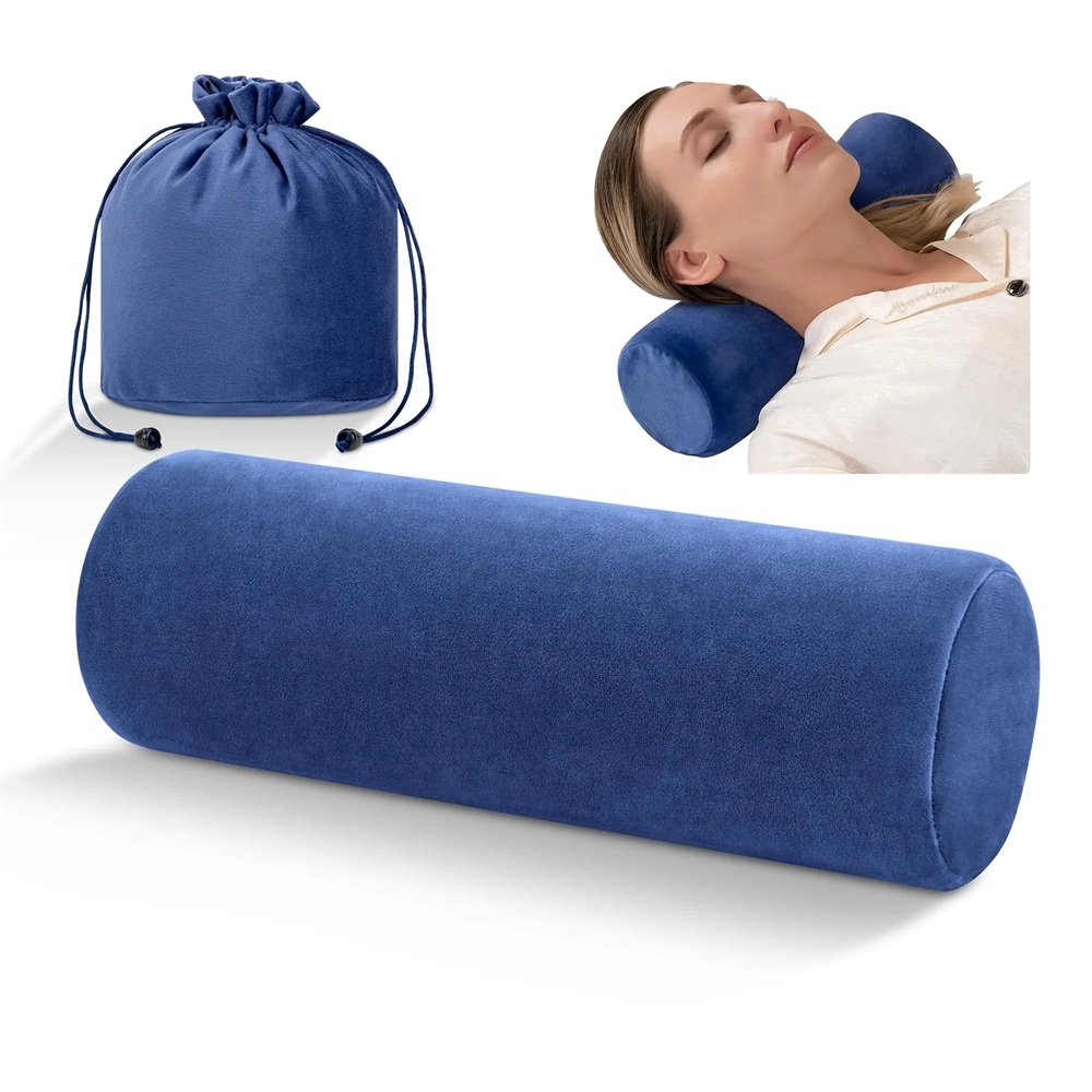 Portable lumbar support pillow with navy blue velvet travel bag.