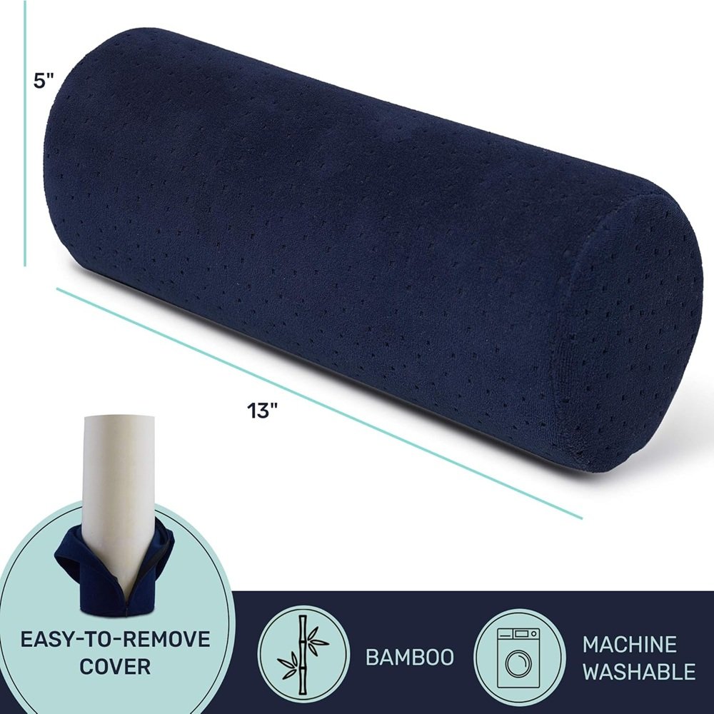 Navy blue memory foam lumbar pillow dimensions 13 by 5 inches.